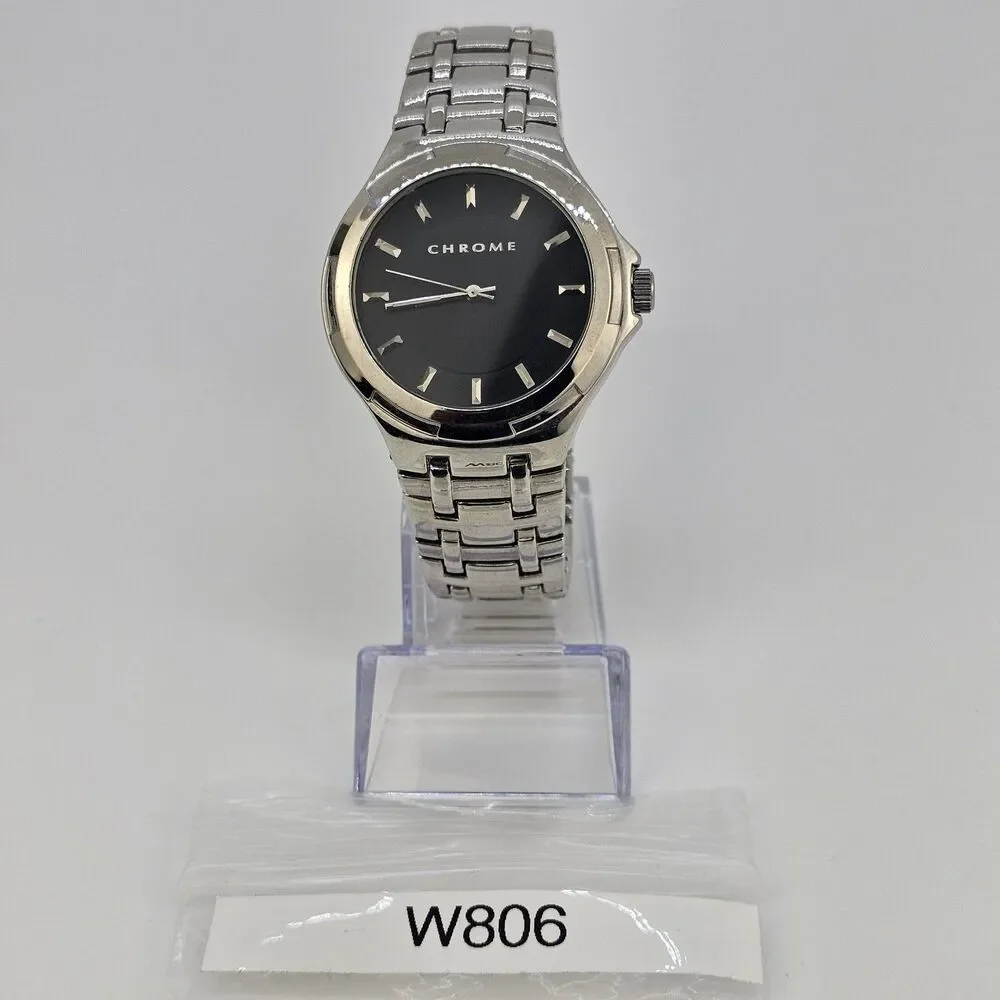 Chrome Men's Watch 42MM‎ Black Dial Gray Case Bracelet Band 7.5